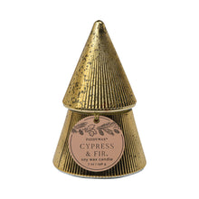 Load image into Gallery viewer, Cypress & Fir Gold Stacked Tree Candle