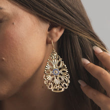 Load image into Gallery viewer, Gold and Blue Beaded Filigree Statement Earrings
