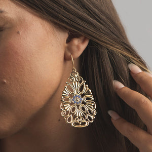 Gold and Blue Beaded Filigree Statement Earrings