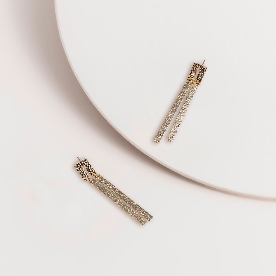 Gold Beaten Double Stick Drop Earrings