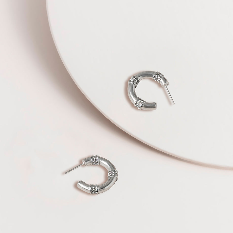 Pave Crystal Station Hoop Earrings in Silver