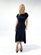 Load image into Gallery viewer, Black Crepe Tuck Detail Midi Dress
