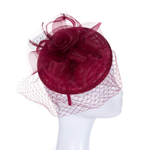 Load image into Gallery viewer, Burgundy Red Organza Flower Fascinator
