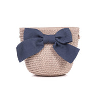 Kids Pink Straw Bag With Navy Bow