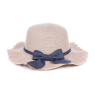 Kids Pink Straw Hat With Navy Bow