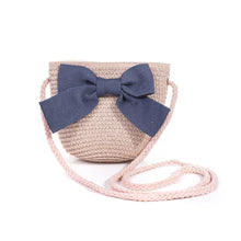 Load image into Gallery viewer, Kids Pink Straw Bag With Navy Bow
