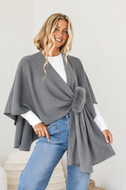 Grey Knit Poncho with Faux Fur