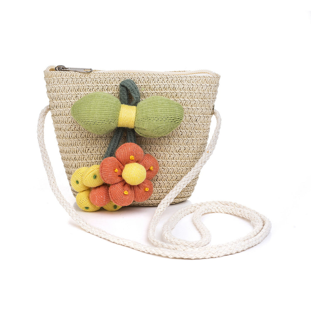 Kids Straw Bag - Flowers Beige