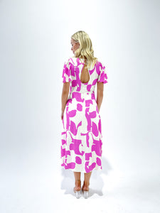 Mono Block Print Back Hole Slim Dress - Hot Pink