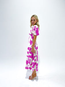 Mono Block Print Back Hole Slim Dress - Hot Pink