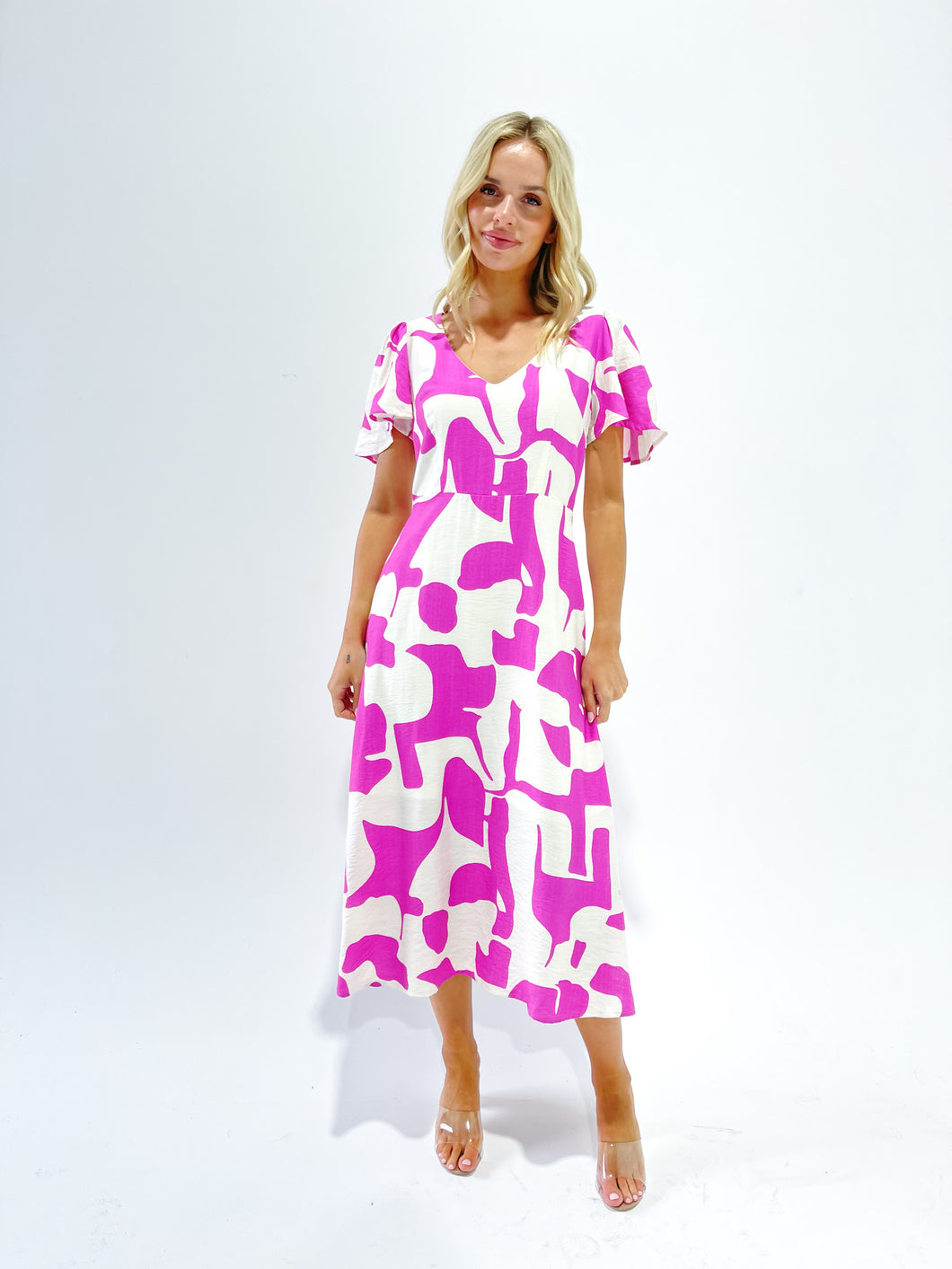 Mono Block Print Back Hole Slim Dress - Hot Pink