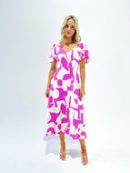 Mono Block Print Back Hole Slim Dress - Hot Pink