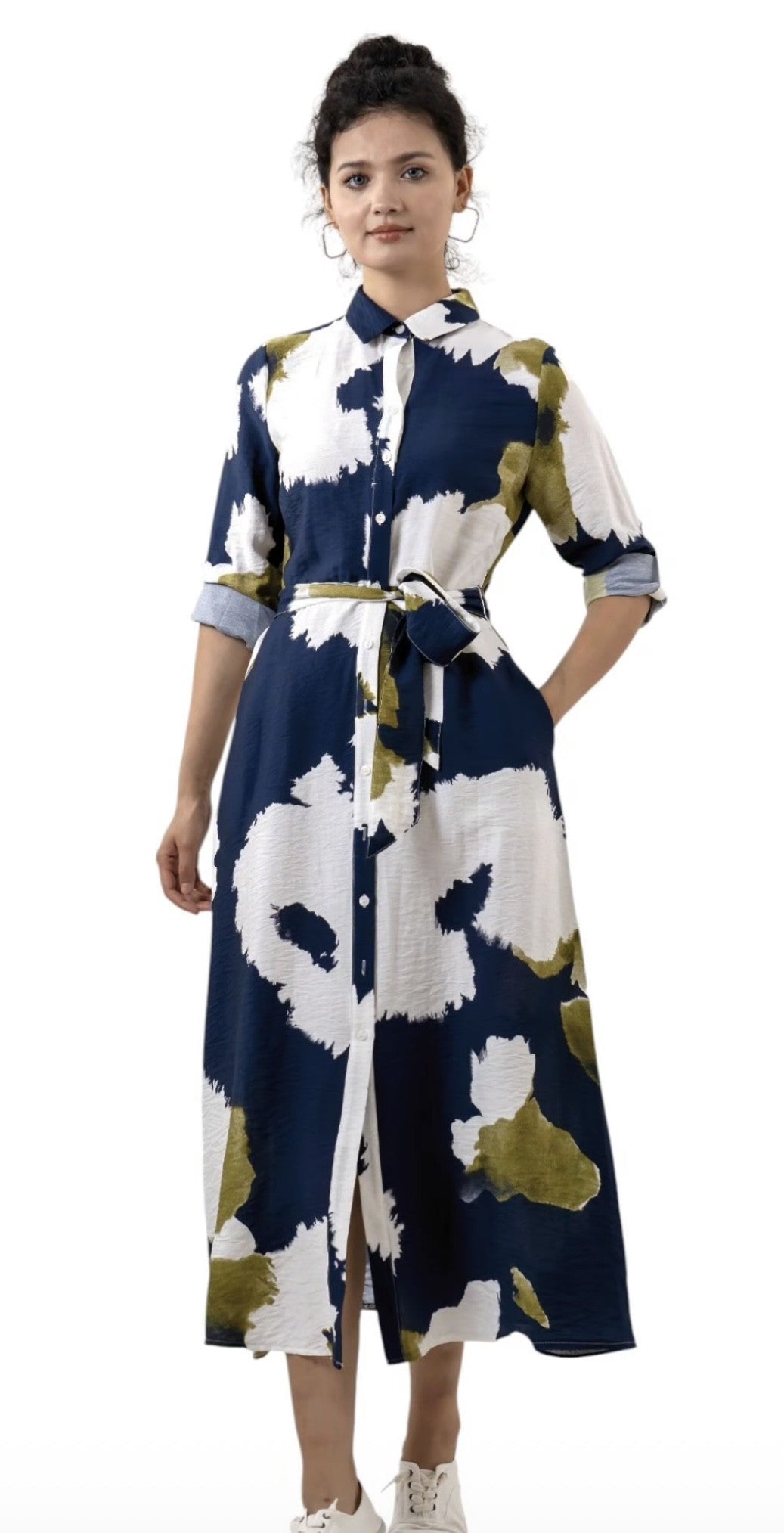Navy, White and Khaki Print Shirt Dress