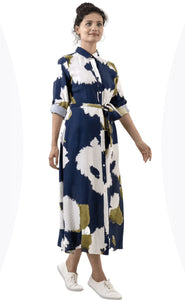 Navy, White and Khaki Print Shirt Dress