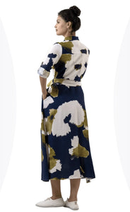 Navy, White and Khaki Print Shirt Dress