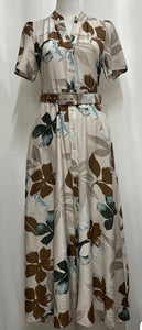 Leaf Print Maxi Dress W/Belt - Beige