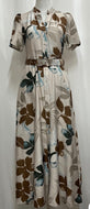 Leaf Print Maxi Dress W/Belt - Beige